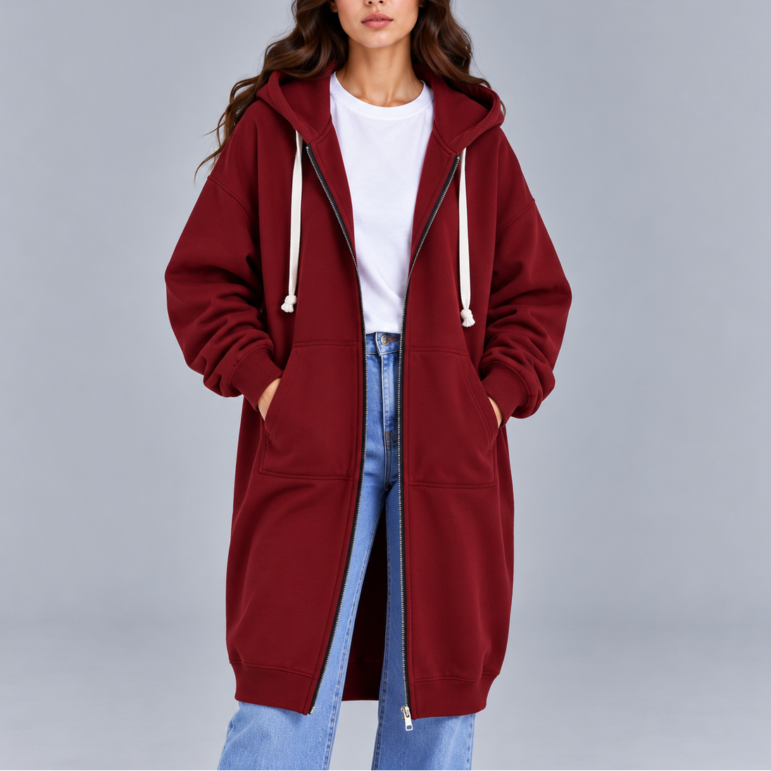 Women's Long Oversized Zip-Up Hoodie – Casual Hooded Sweatshirt Coat with Pockets