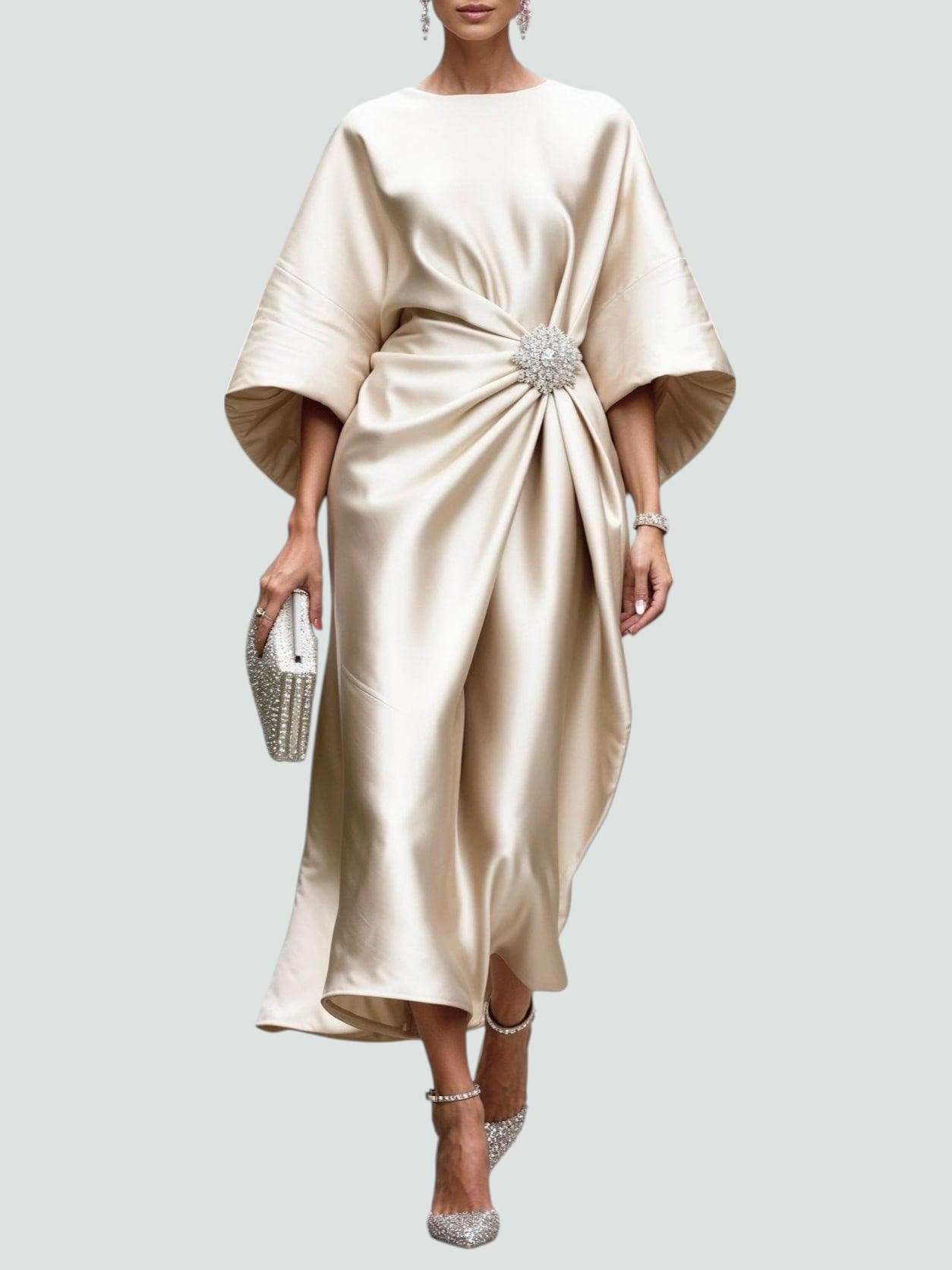 Abigail | Women’s Elegant Draped Brooch Maxi Dress