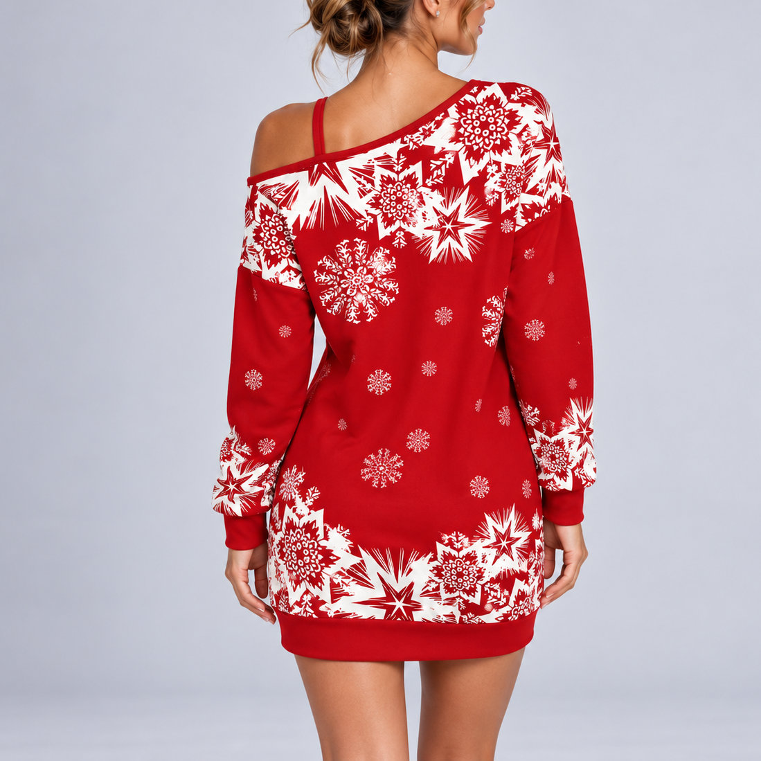 Women's Christmas Snowflake Off Shoulder Sweater Dress – Festive Long Sleeve Mini Dress