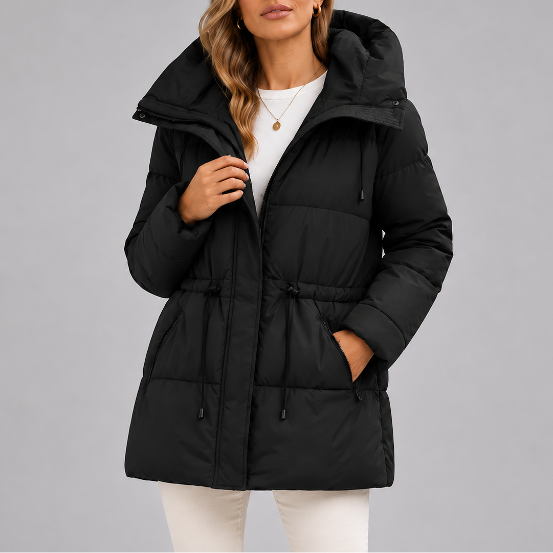 Women's Hooded Puffer Coat with Drawstring Waist and Zip Pockets