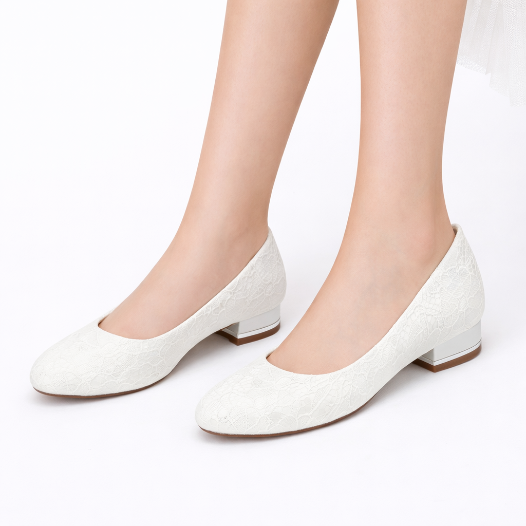Women’s White Lace Bridal Flats – Round Toe Wedding Shoes with Low Heel Comfort