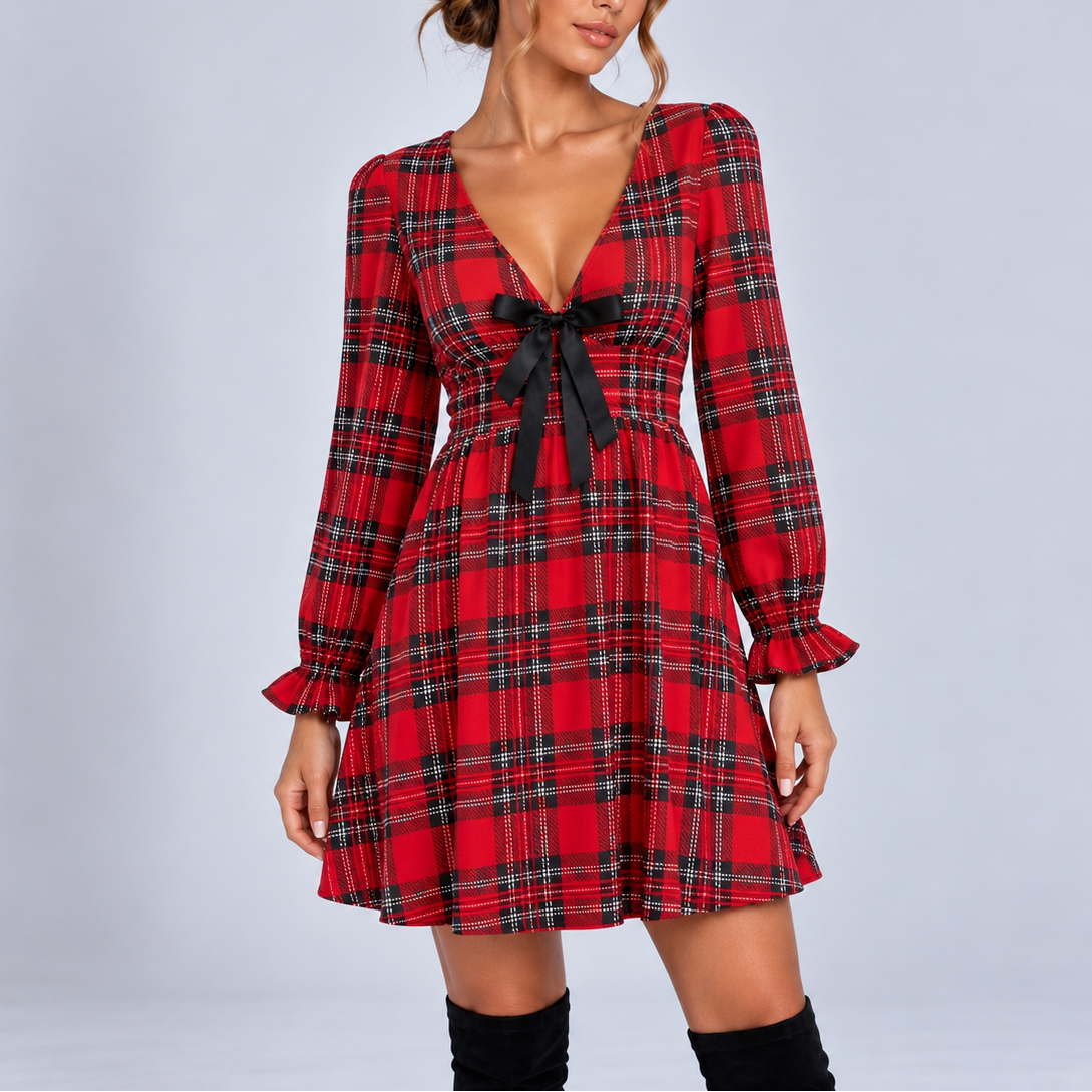 Women's Christmas Plaid Mini Dress with V-Neck, Bow Detail & Long Sleeves