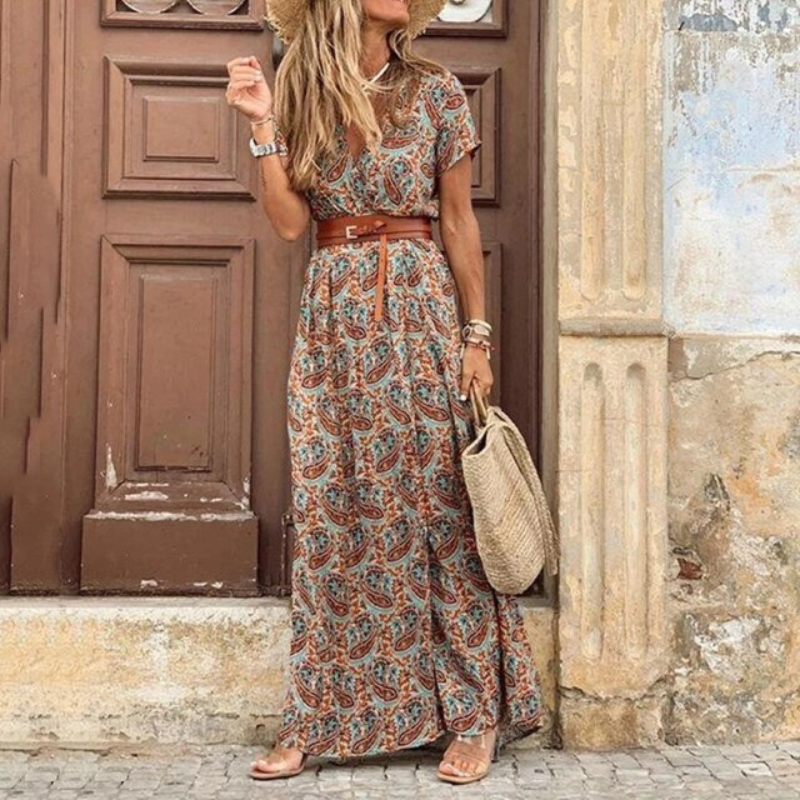 Gabriella | Women's Short Sleeve Belted Long Dress