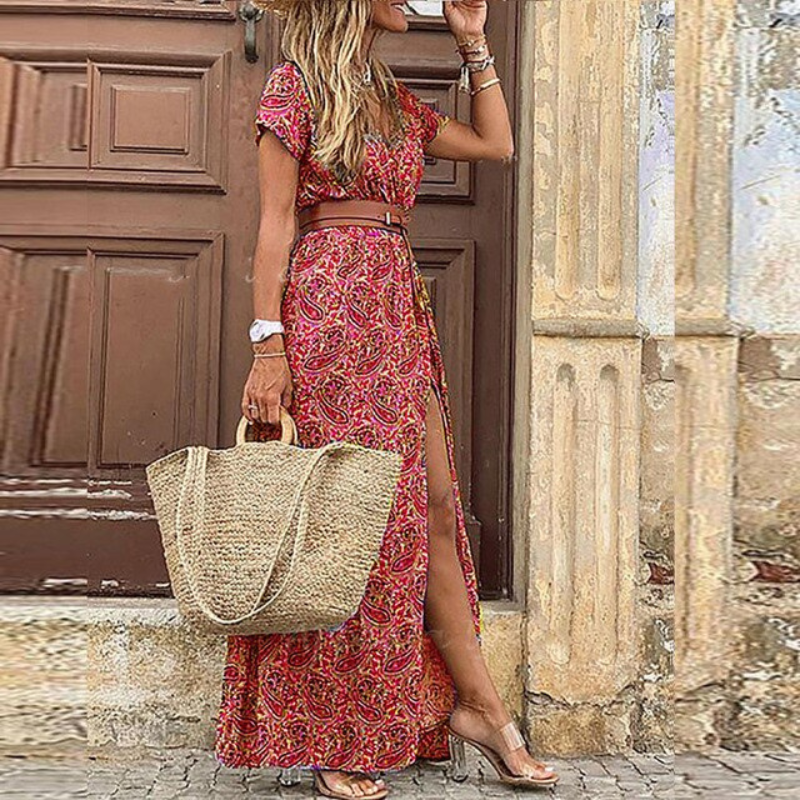 Gabriella | Women's Short Sleeve Belted Long Dress