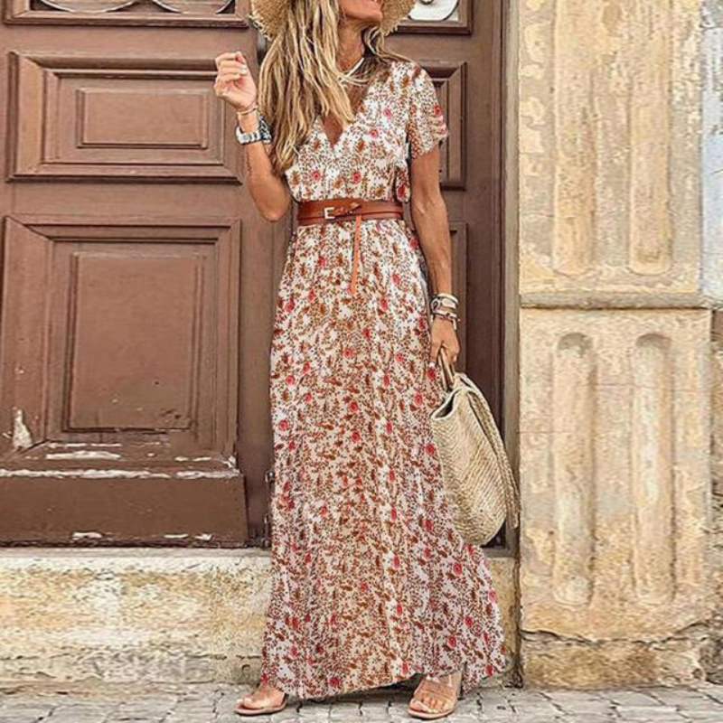 Gabriella | Women's Short Sleeve Belted Long Dress