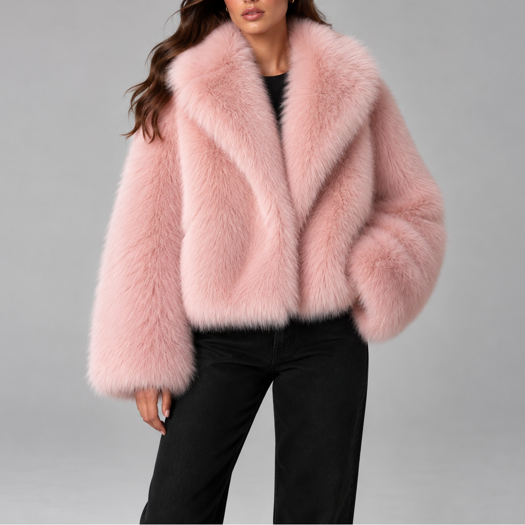Women's Cropped Faux Fur Jacket with Oversized Collar