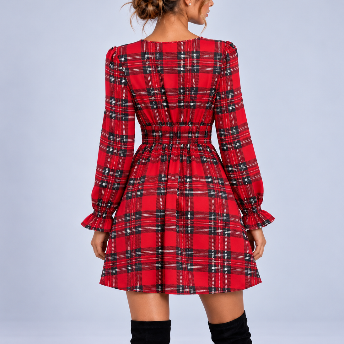 Women's Christmas Plaid Mini Dress with V-Neck, Bow Detail & Long Sleeves