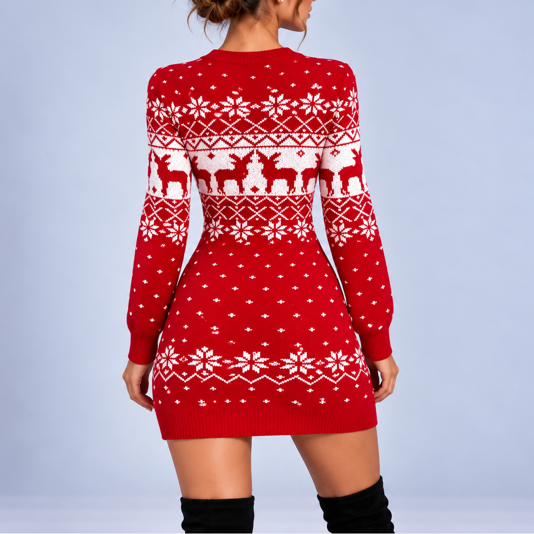 Women's Christmas Reindeer Sweater Dress – Long Sleeve Snowflake Knit Mini Dress