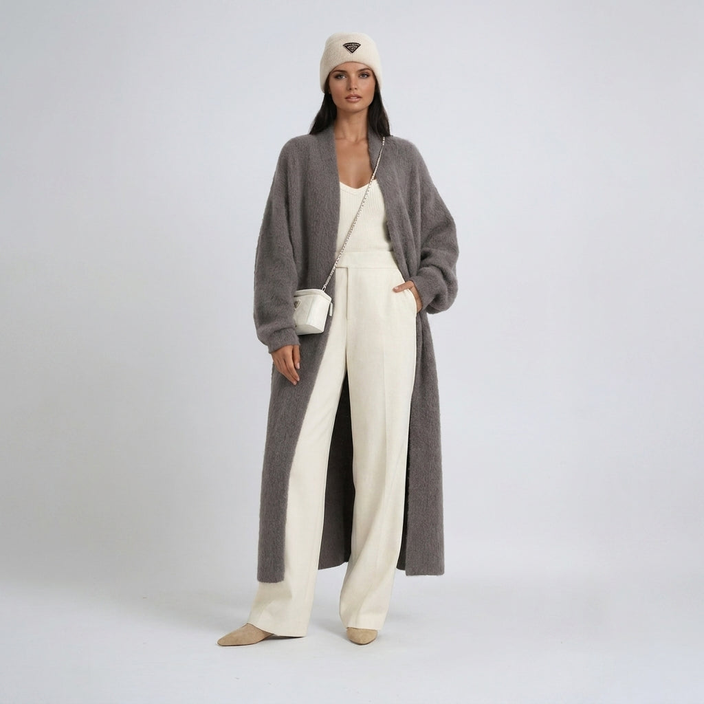 Luna Fashion House | Long Open Wool Cardigan - Women's Soft Knit Sweater
