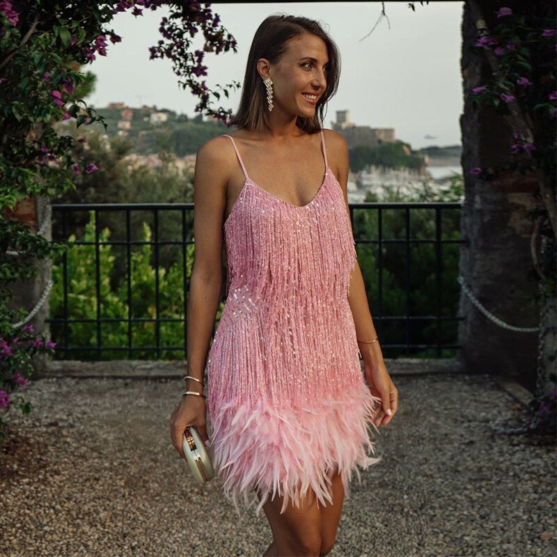 Luna Fashion House | Women’s Sequin Mini Dress with Feather Trim – Party & Evening Dress