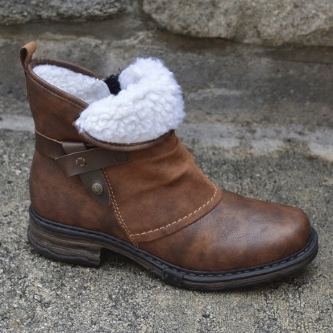 Brown Leather Ankle Boots with Fleece Lining and Buckle Strap