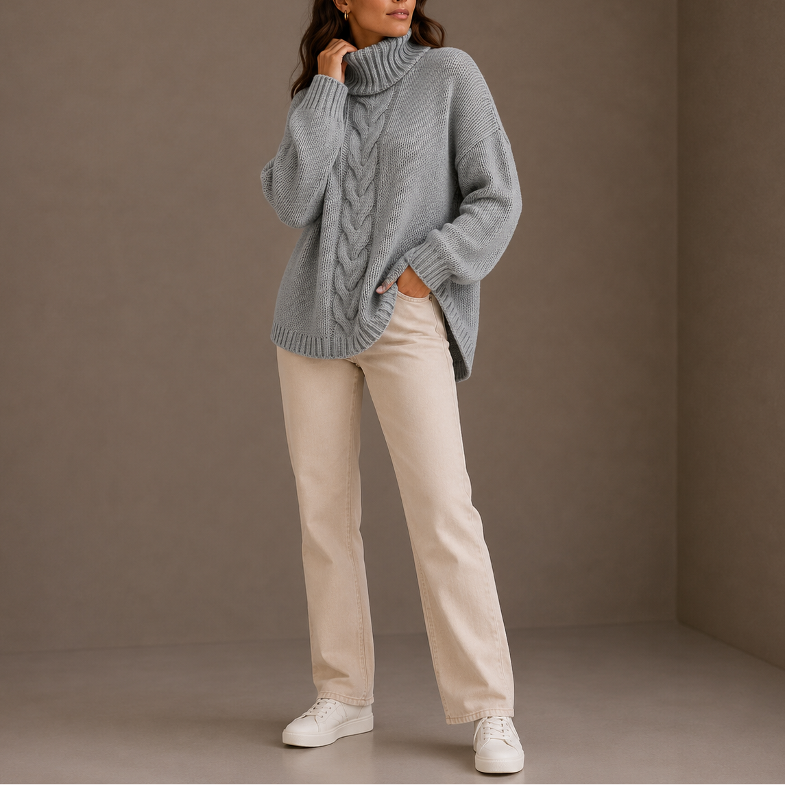 Women's Cable Knit Turtleneck Sweater – Oversized Winter Jumper