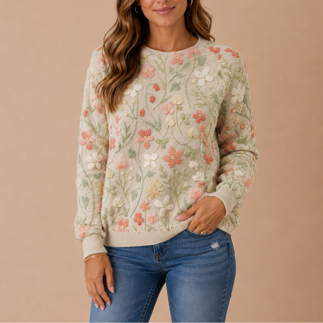 Women's Floral Knit Sweater – Embroidered Flower Jumper