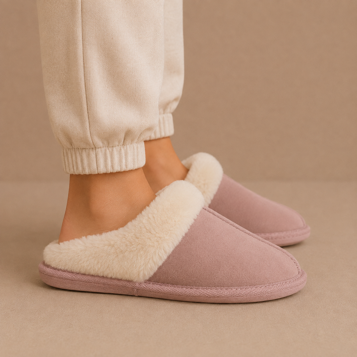 Women's Suede Mule Slippers – Warm Fur Lined Indoor House Shoes