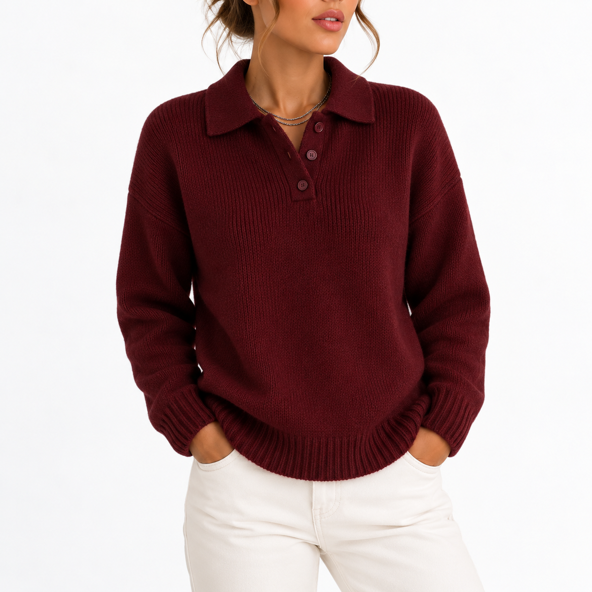 Women's Knit Collar Polo Sweater with Button Placket