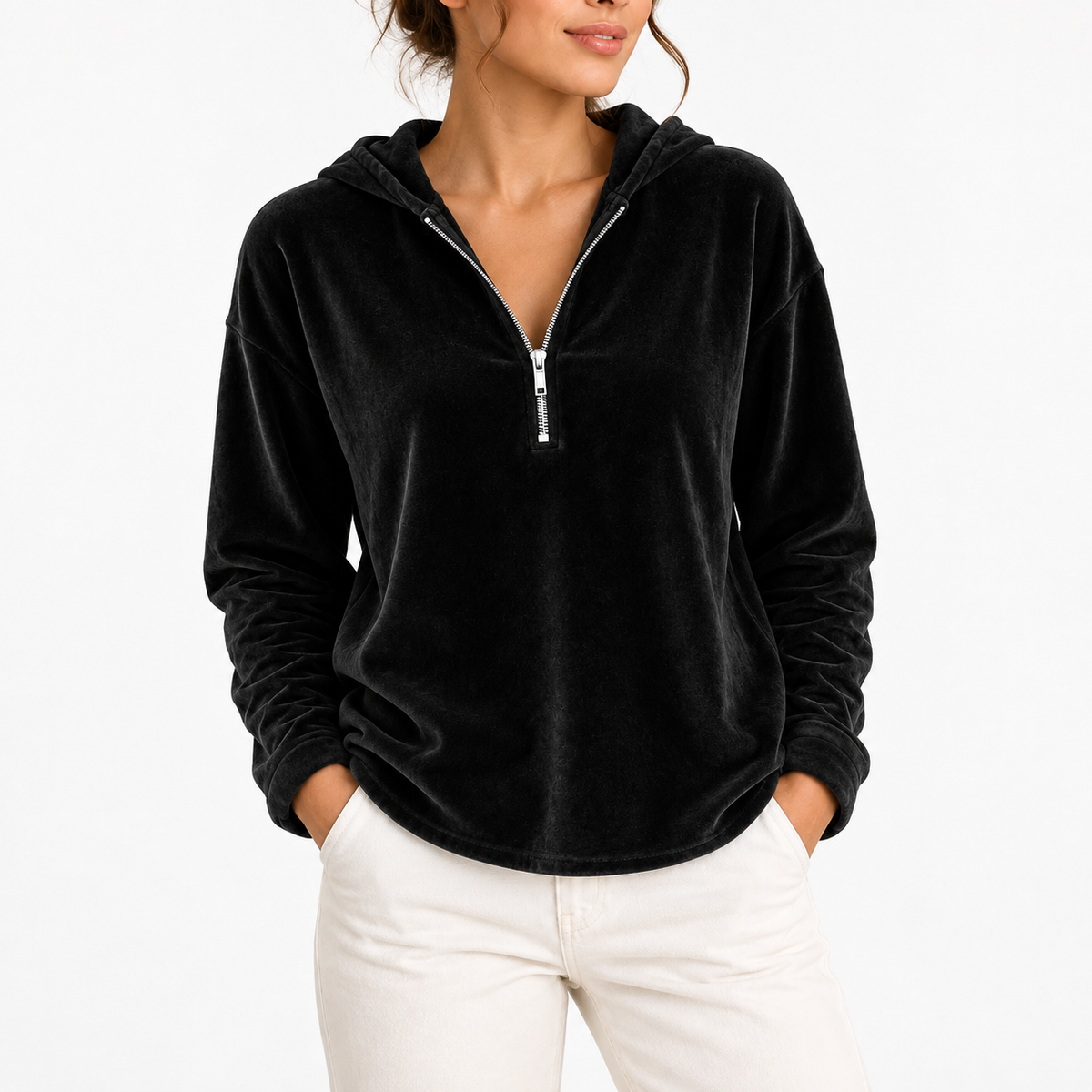 Women's Velvet Quarter-Zip Hoodie with Long Sleeves