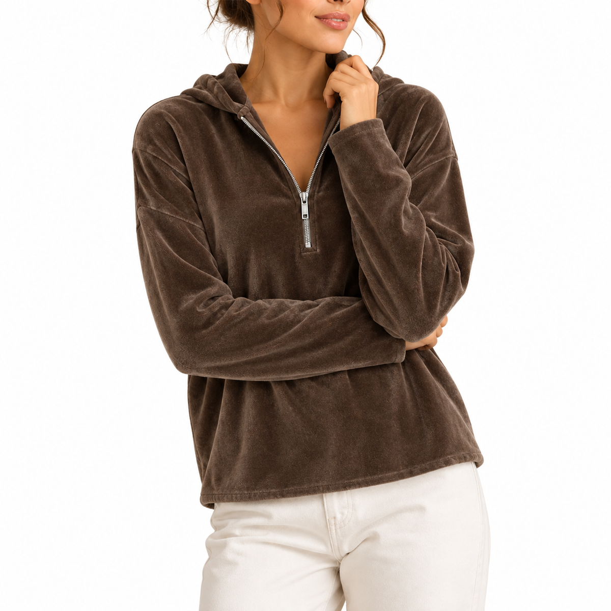 Women's Velvet Quarter-Zip Hoodie with Long Sleeves