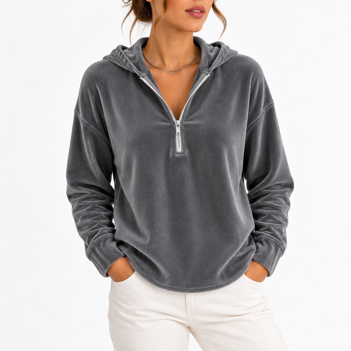 Women's Velvet Quarter-Zip Hoodie with Long Sleeves