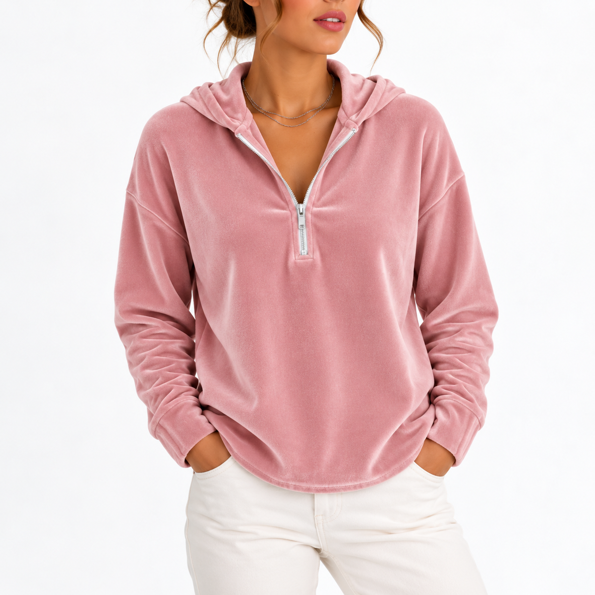 Women's Velvet Quarter-Zip Hoodie with Long Sleeves