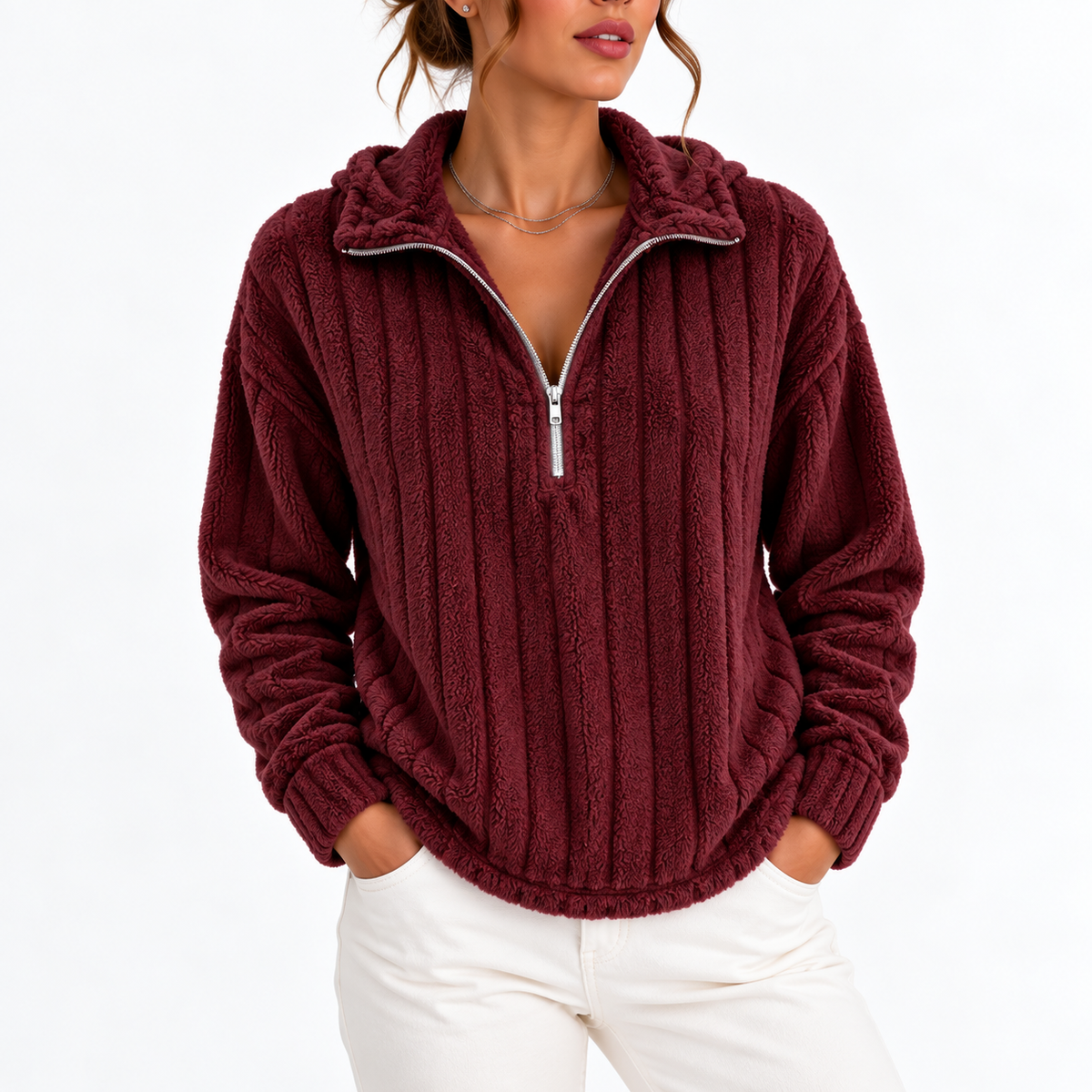 Women's Ribbed Half-Zip Fleece Sweatshirt