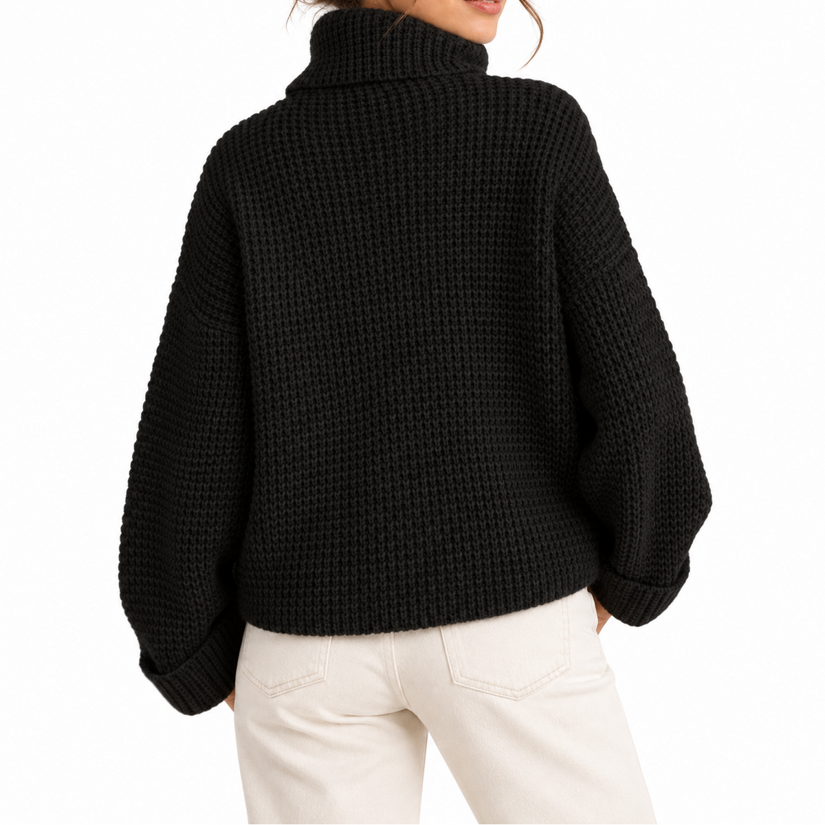 Women's Oversized Turtleneck Sweater with Waffle Knit Texture
