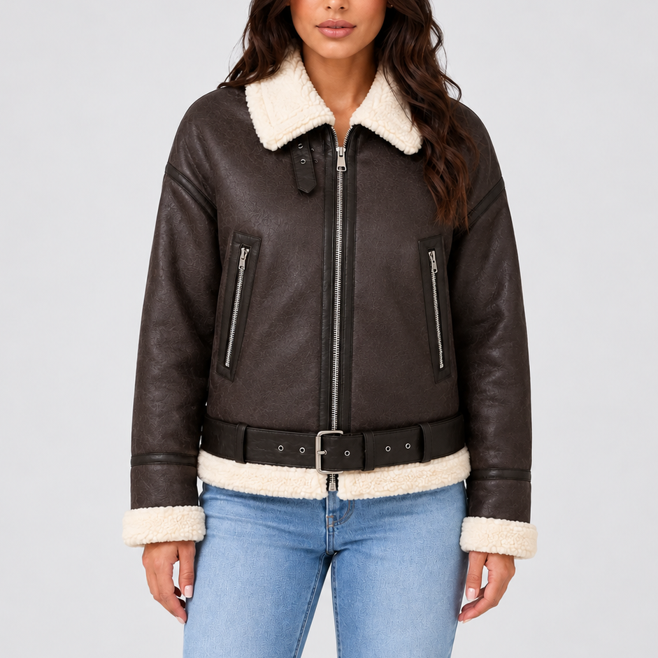 Women's Cropped Aviator Jacket with Teddy Lining