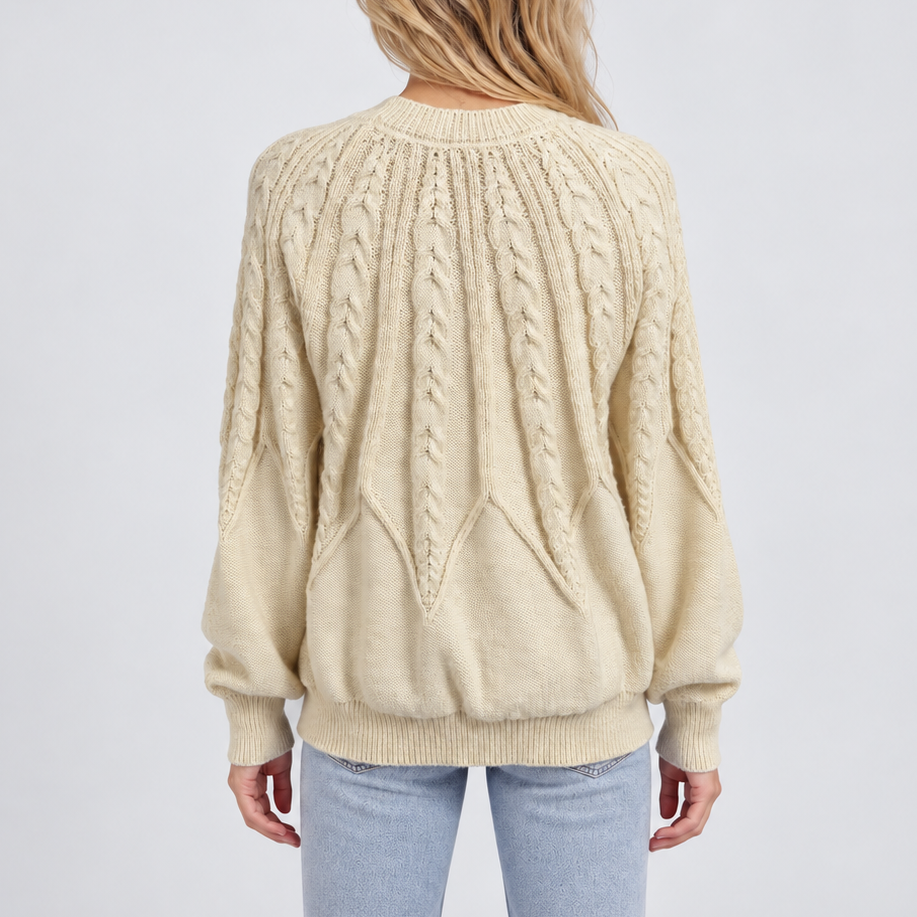 Women's Cable Knit Crew Neck Sweater with Balloon Sleeves