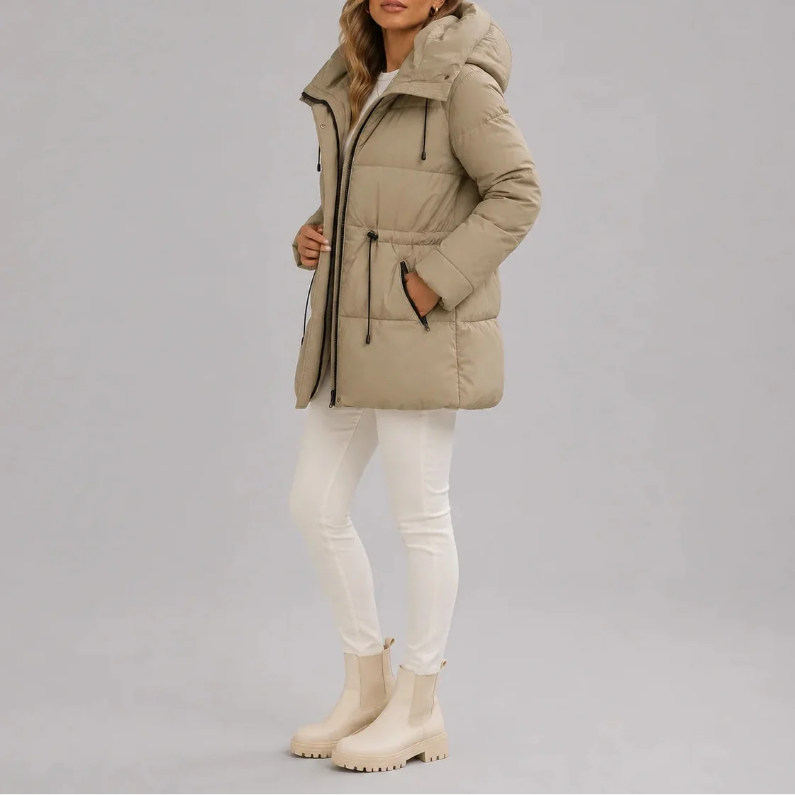 Women's Hooded Puffer Coat with Drawstring Waist and Zip Pockets