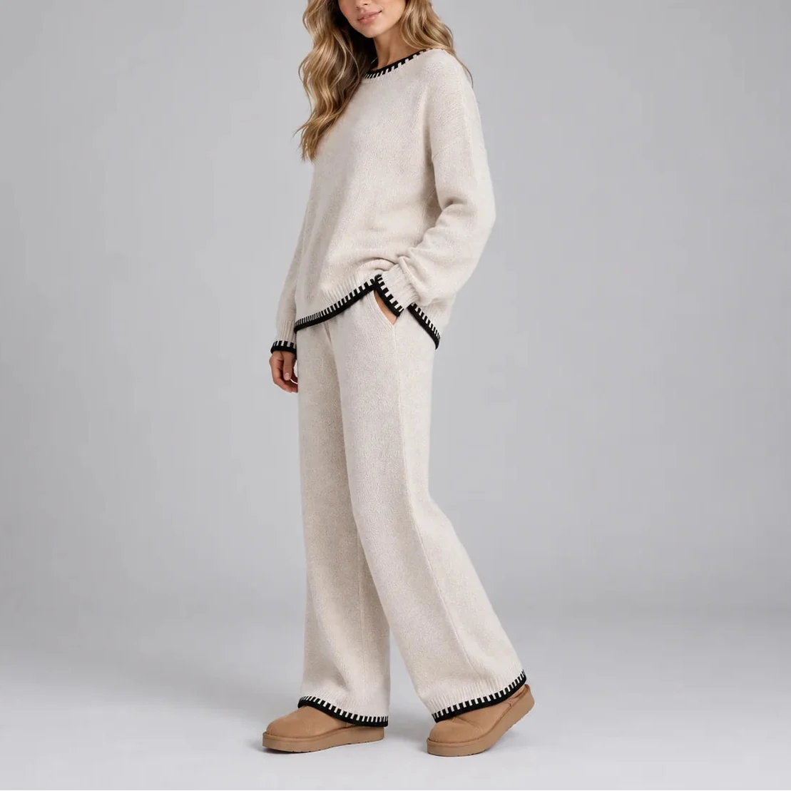 Women's Knitted Winter Lounge Set – Contrast Trim Sweater & Wide Leg Pants
