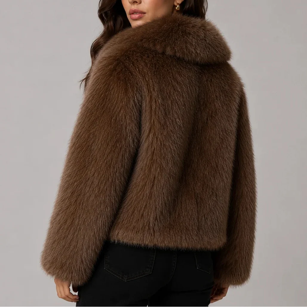 Women's Cropped Faux Fur Jacket with Oversized Collar