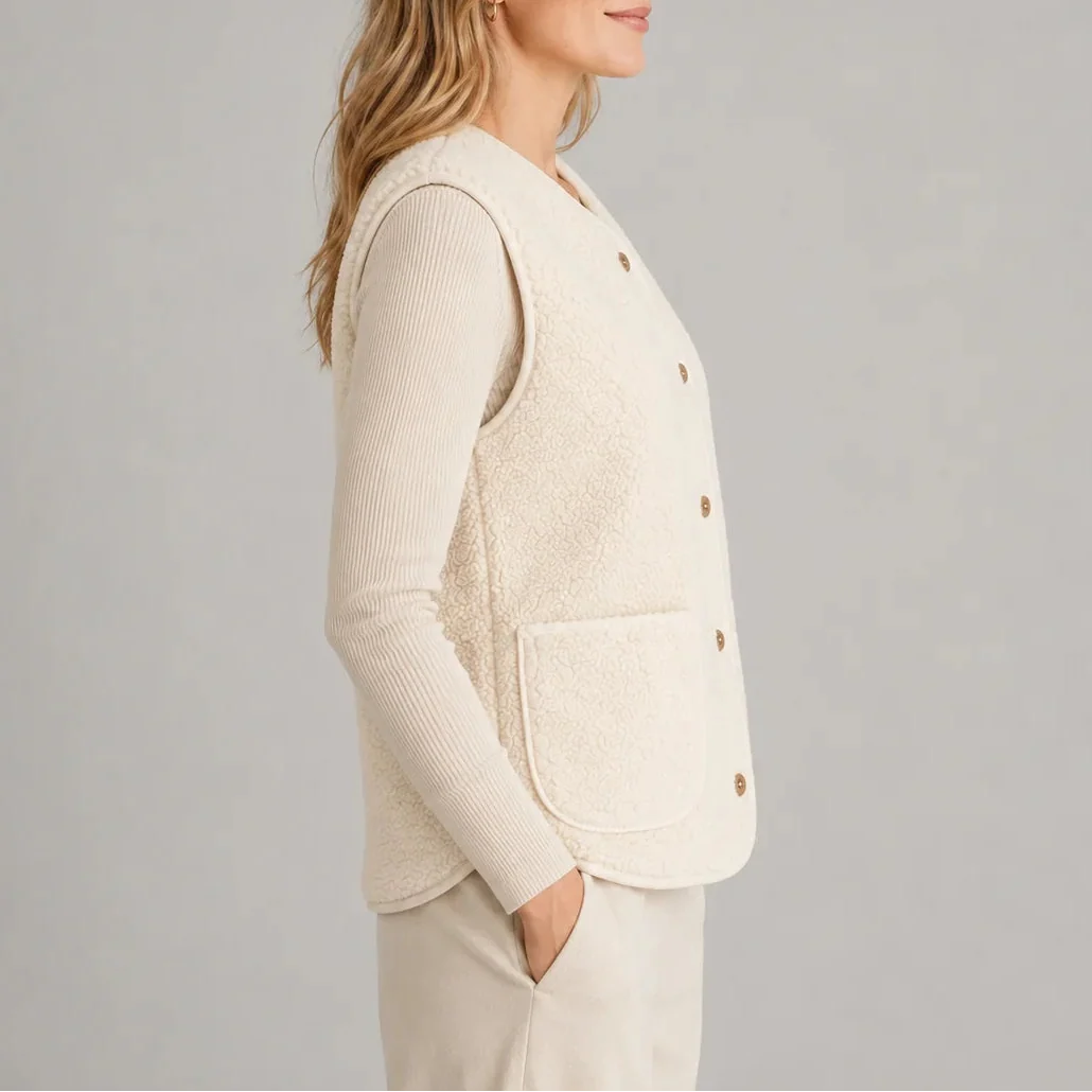 Women's Teddy Fleece Button-Up Vest with Pockets