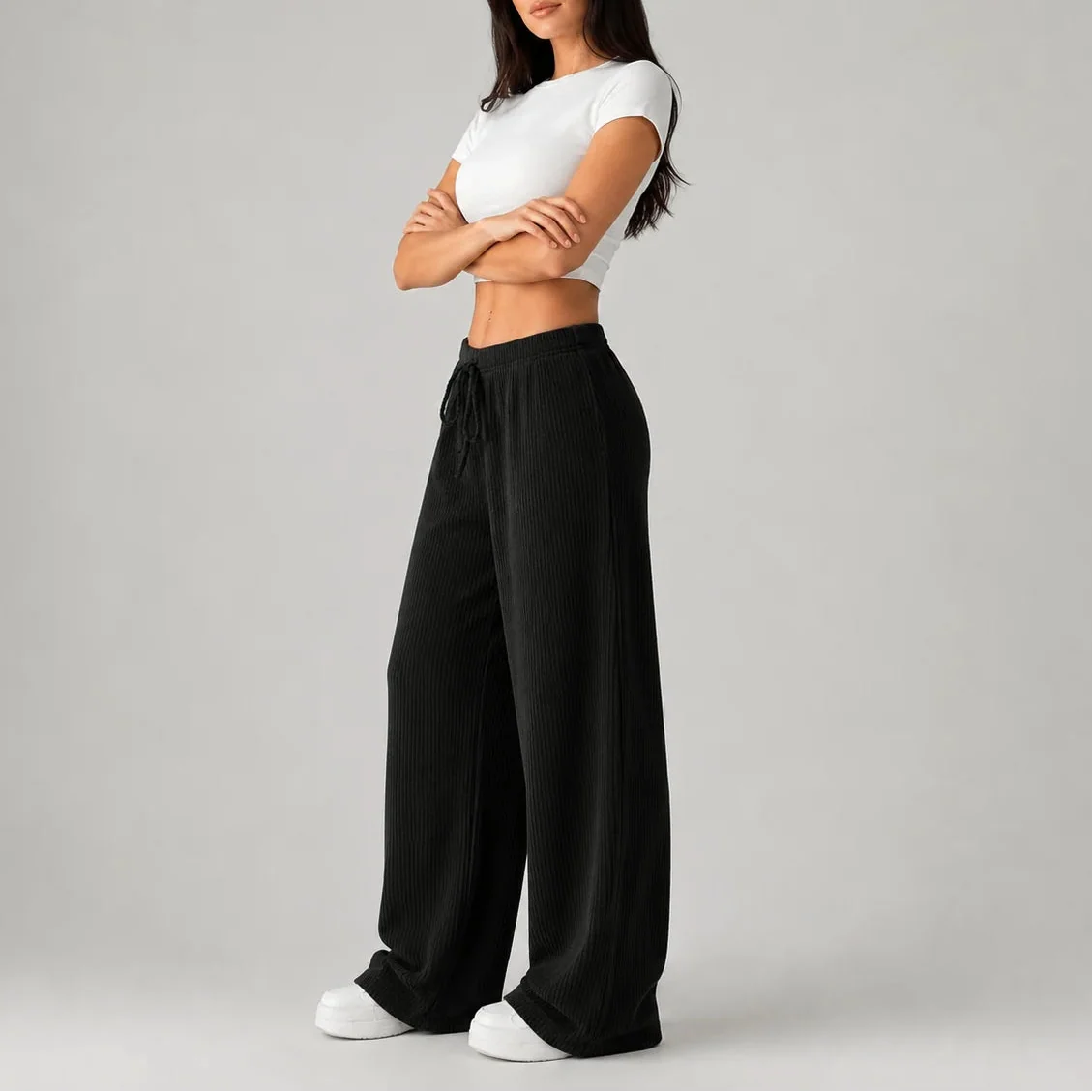 Women's Ribbed Wide Leg Drawstring Lounge Pants