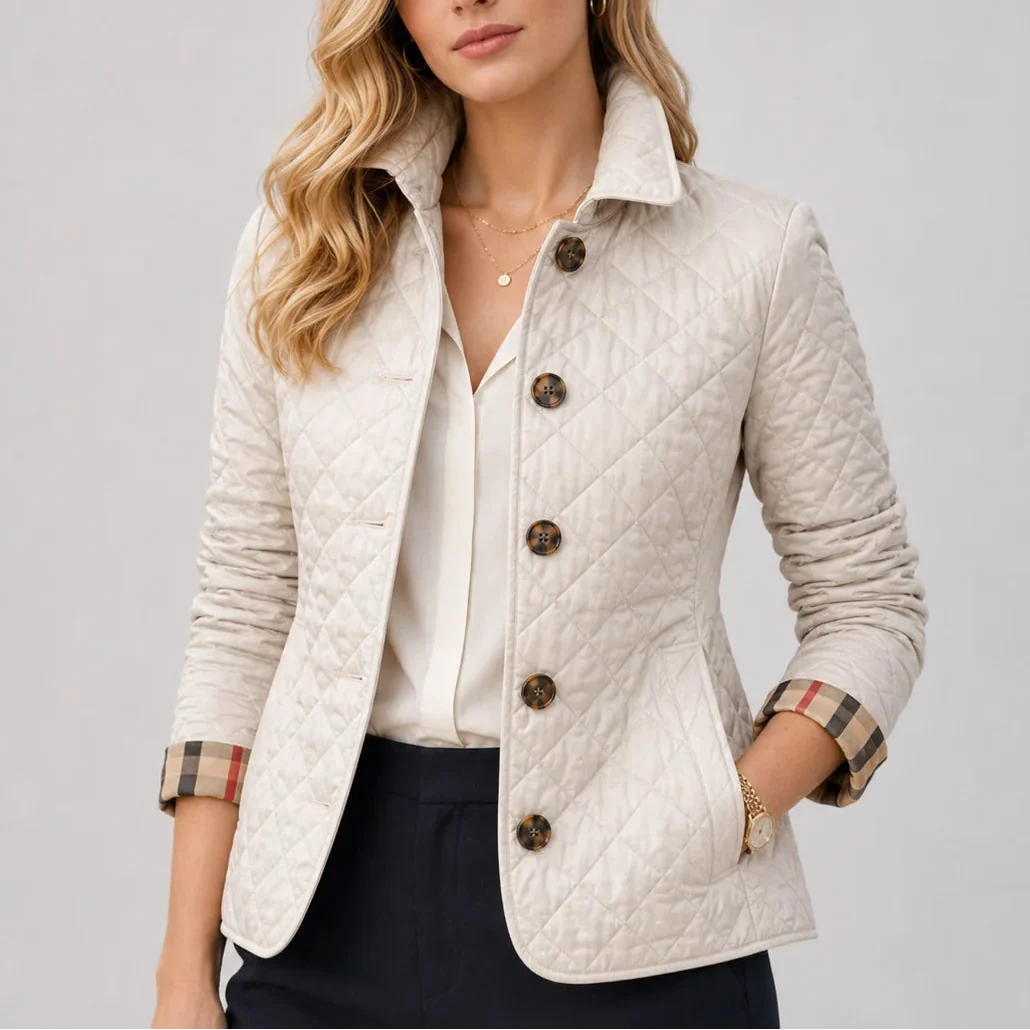 Women's Quilted Jacket - Button-Up Lightweight Coat with Stand Collar