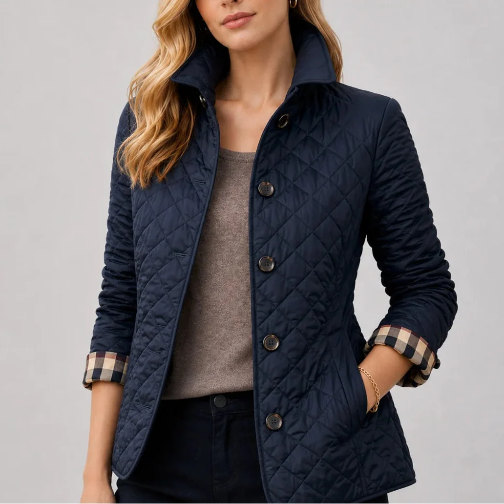 Women's Quilted Jacket - Button-Up Lightweight Coat with Stand Collar