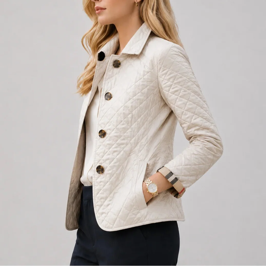 Women's Quilted Jacket - Button-Up Lightweight Coat with Stand Collar