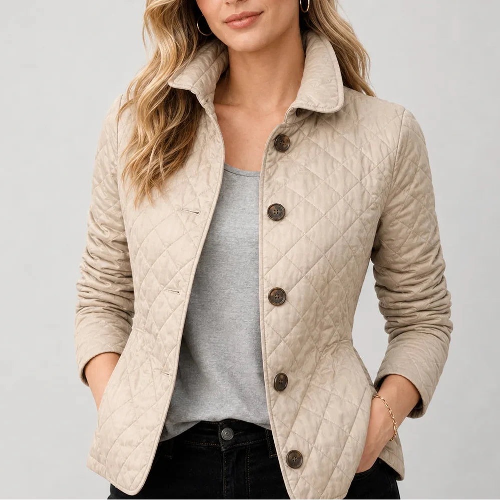 Women's Quilted Jacket - Button-Up Lightweight Coat with Stand Collar