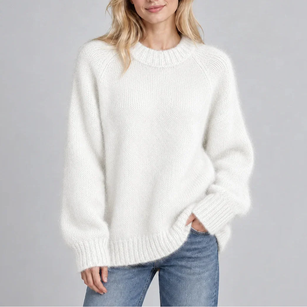 Women's Relaxed Fit Fluffy Knit Jumper with Crew Neck and Long Sleeves