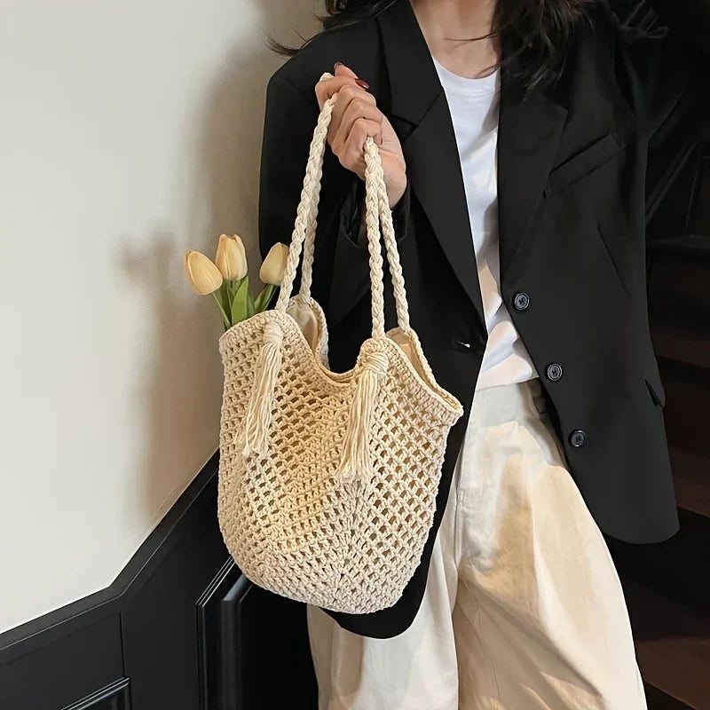 Crochet Shoulder Bag with Tassel Drawstring Detail