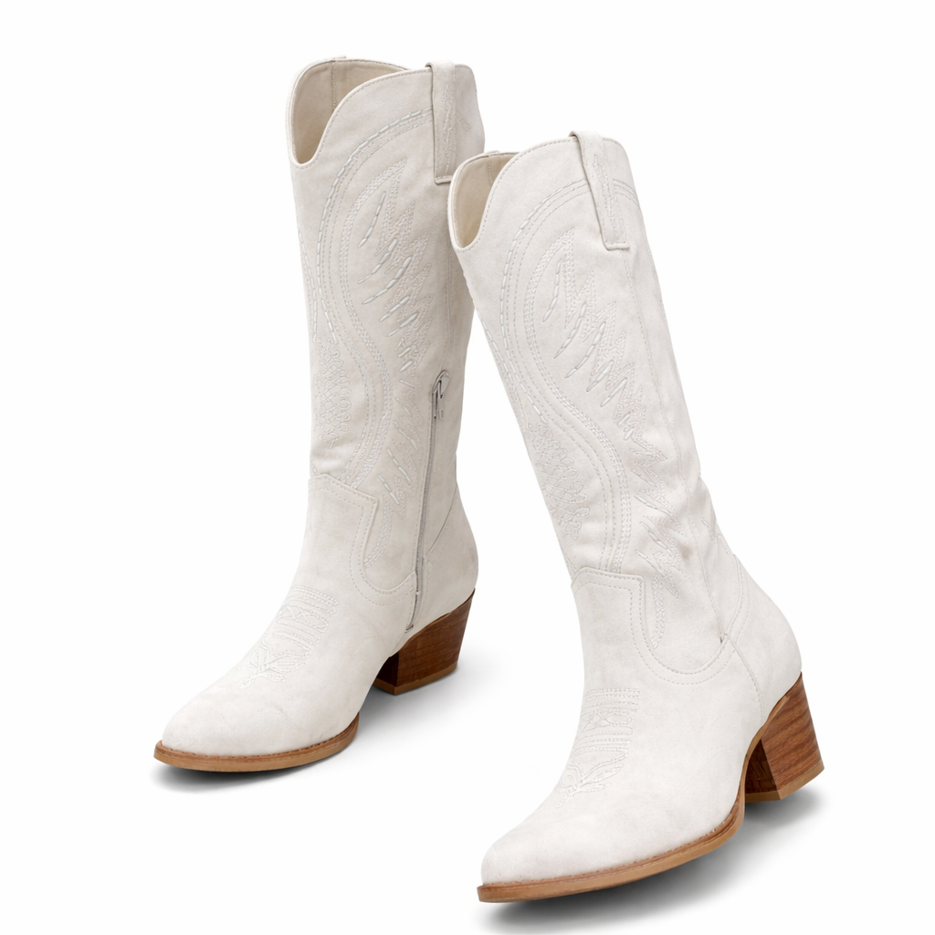 Women’s Embroidered Cowboy Boots – Suede Western Block Heel