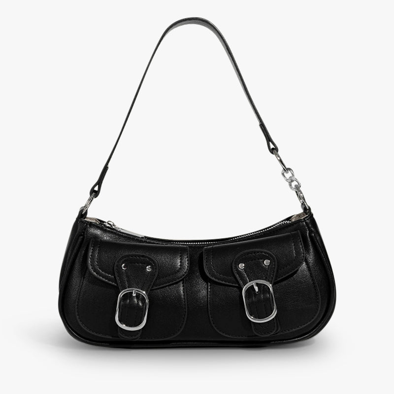 Leather Shoulder Bag with Double Front Buckle Pockets