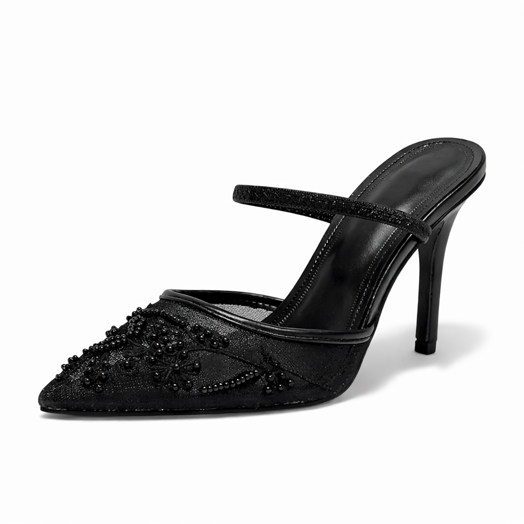 Women’s Embroidered Mesh Mule Heels – Floral Detail, Elegant Pointed Toe