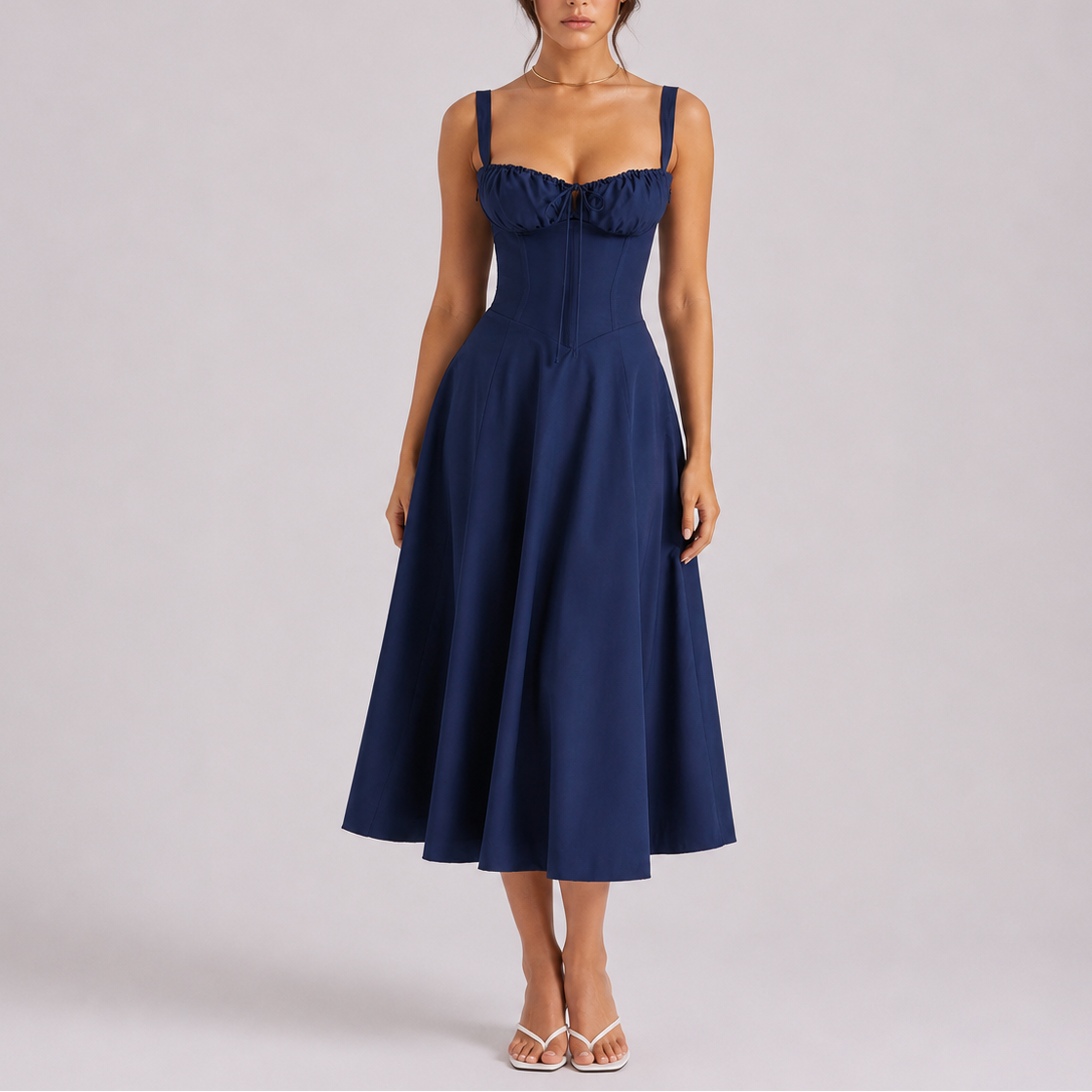 Women's Elegant Corset Midi Dress with Ruched Bust