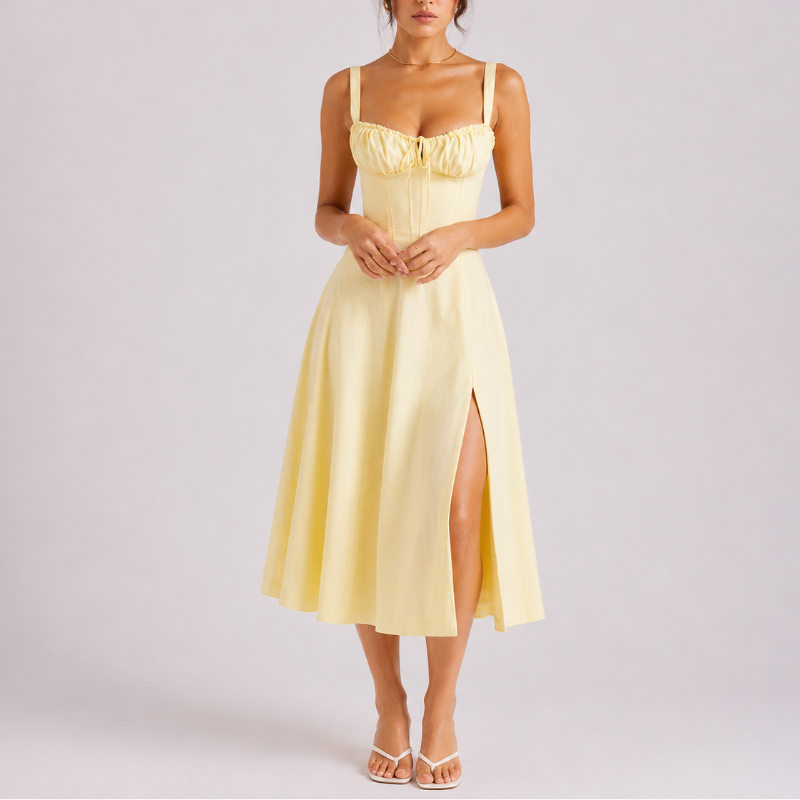 Women's Elegant Corset Midi Dress with Ruched Bust