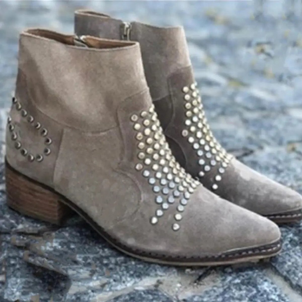 Taupe Studded Suede Ankle Boots with Block Heel and Pointed Toe