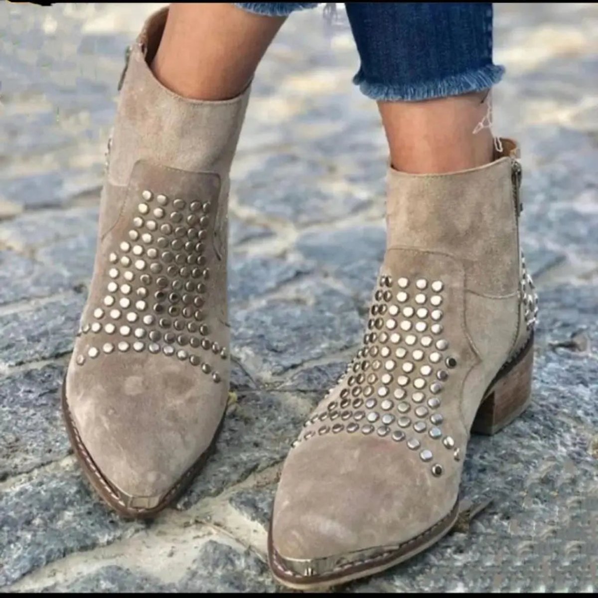Taupe Studded Suede Ankle Boots with Block Heel and Pointed Toe