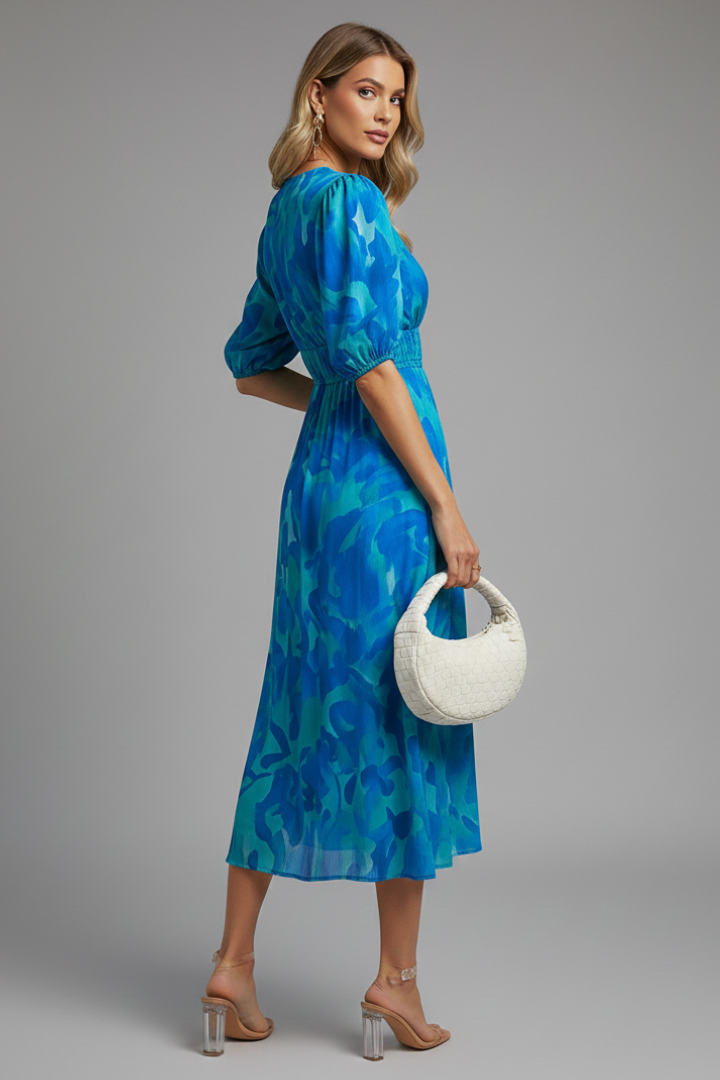 Margaret | Women’s Floral Puff Sleeve V-Neck Midi Dress