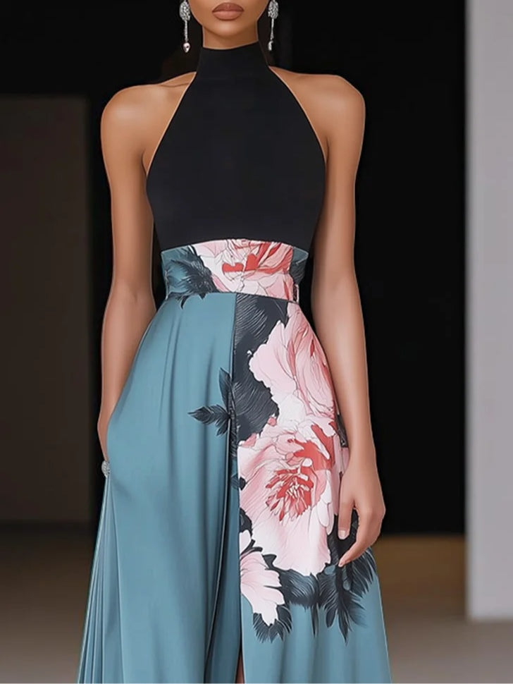 Lauren | Women’s Chic Slit Floral Classic Crew Neck Sleeveless A-Line Maxi Dress