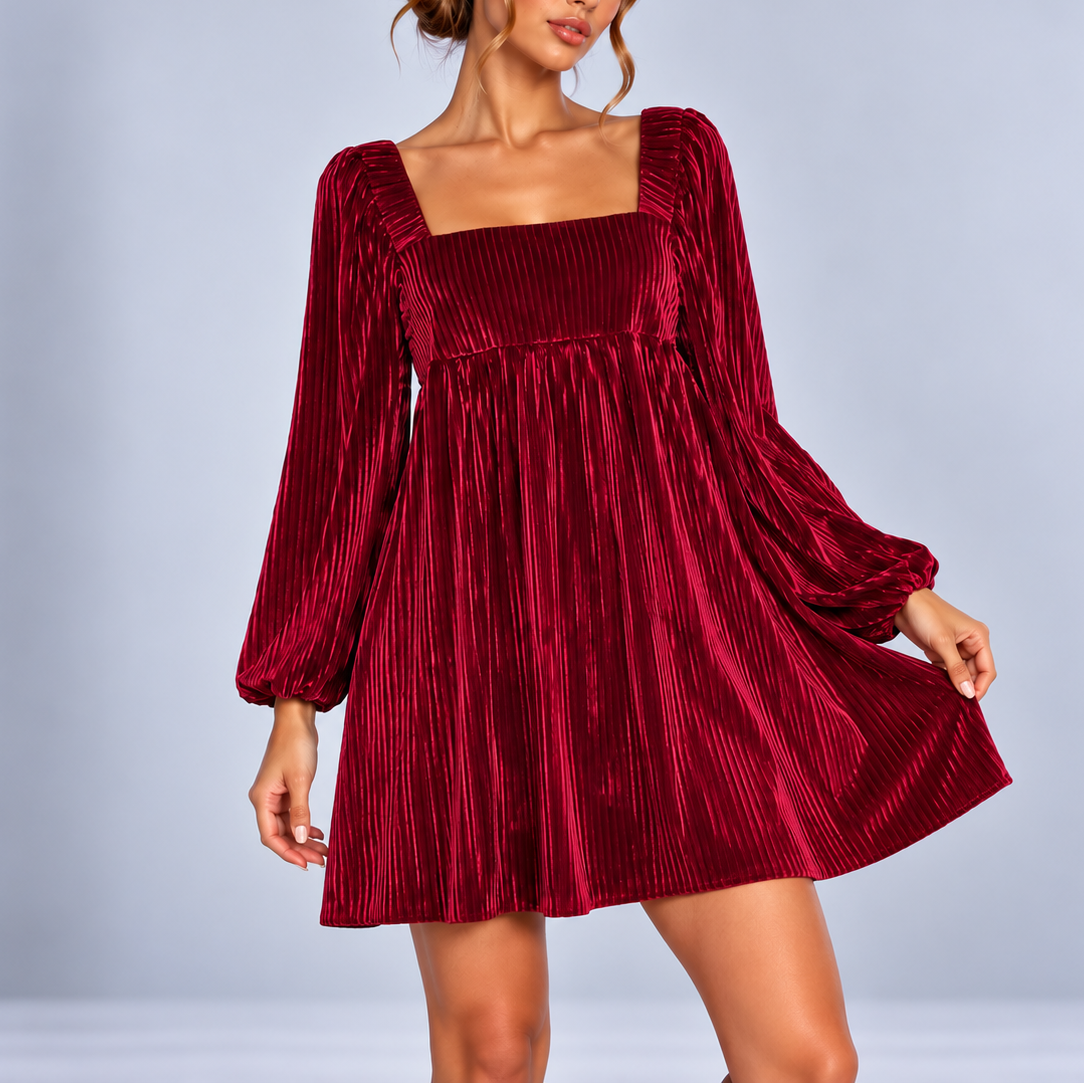 Women's Elegant Christmas Velvet Mini Dress – Square Neck Long Sleeve Party Dress