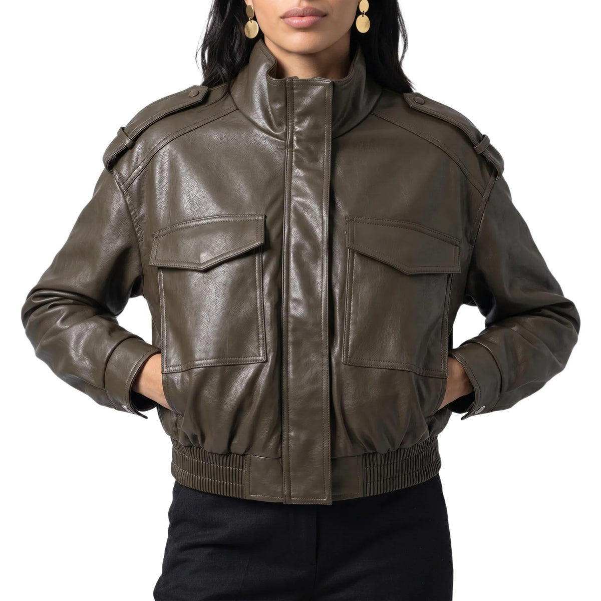 Women's Cropped Bomber Jacket – Faux Leather with Ribbed Cuffs