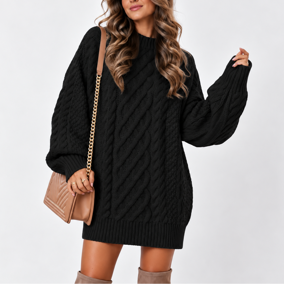 Women's Oversized Cable Knit Sweater with Long Sleeves